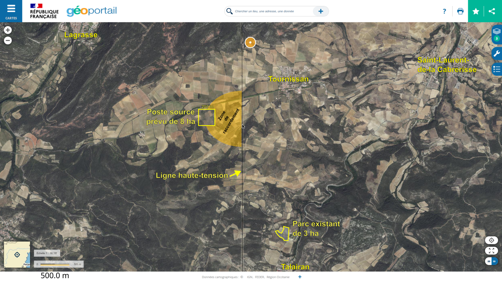 Carte présentant l'implantation du poste source Poste source Tournissan Simulation Implantation